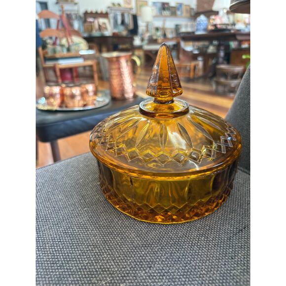 Vintage Indiana Glass Amber Gold Diamond Princess Covered Candy Dish w/ Lid - Picture 3 of 7